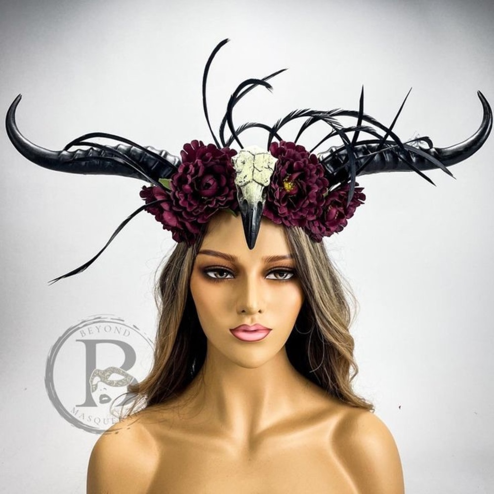 Mystical Ram Horned Crow Skull Fantasy Floral Feathers Headpiece